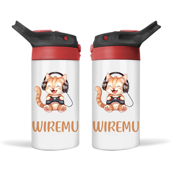 Personalised Kids Sippy Bottle - Cute Gamer Cat Design with Custom Name