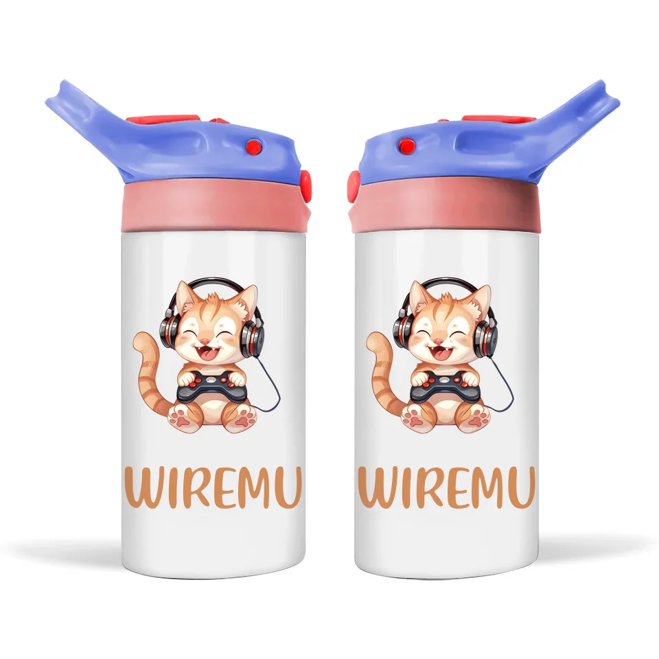 Personalised Kids Sippy Bottle - Cute Gamer Cat Design with Custom Name