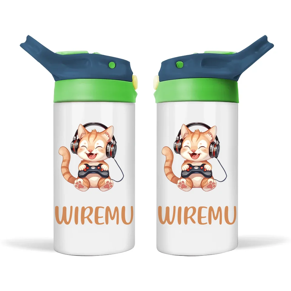 Personalised Kids Sippy Bottle - Cute Gamer Cat Design with Custom Name