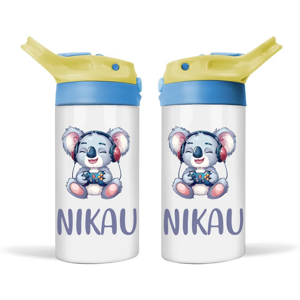 Personalised Kids Sippy Bottle - Cute Gamer Koala Design with Custom Name