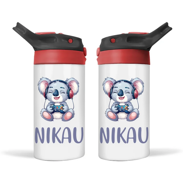 Personalised Kids Sippy Bottle - Cute Gamer Koala Design with Custom Name