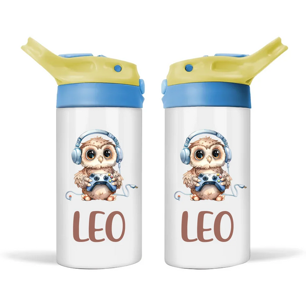 Personalised Kids Sippy Bottle - Cute Gamer Owl Design with Custom Name