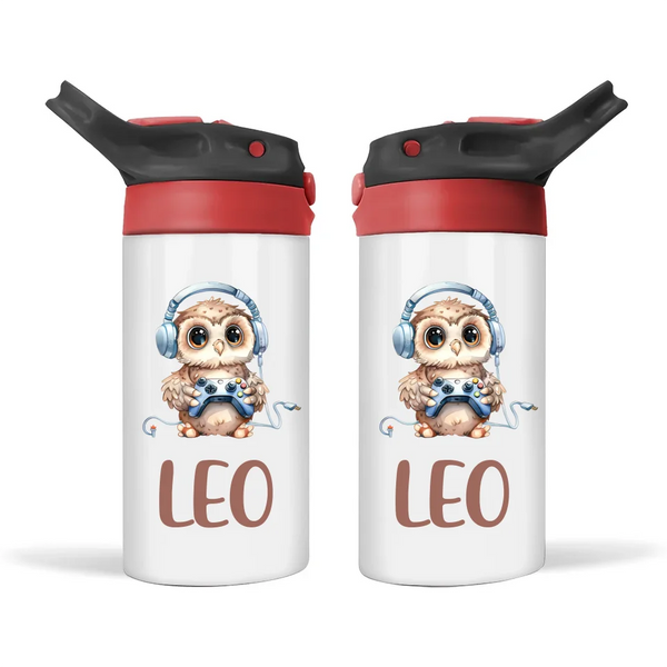 Personalised Kids Sippy Bottle - Cute Gamer Owl Design with Custom Name