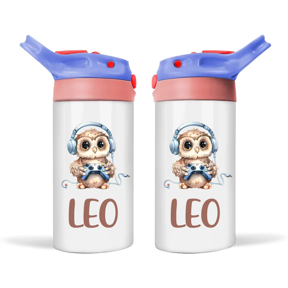 Personalised Kids Sippy Bottle - Cute Gamer Owl Design with Custom Name
