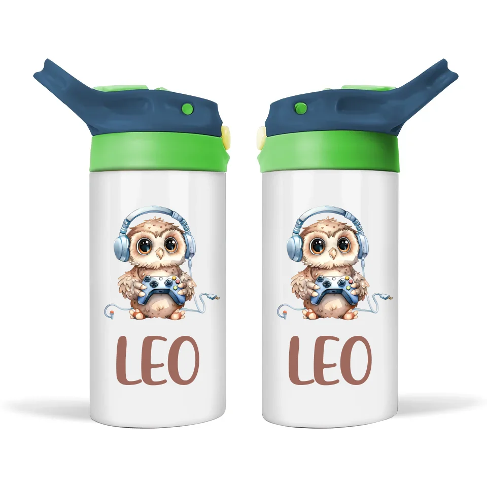 Personalised Kids Sippy Bottle - Cute Gamer Owl Design with Custom Name