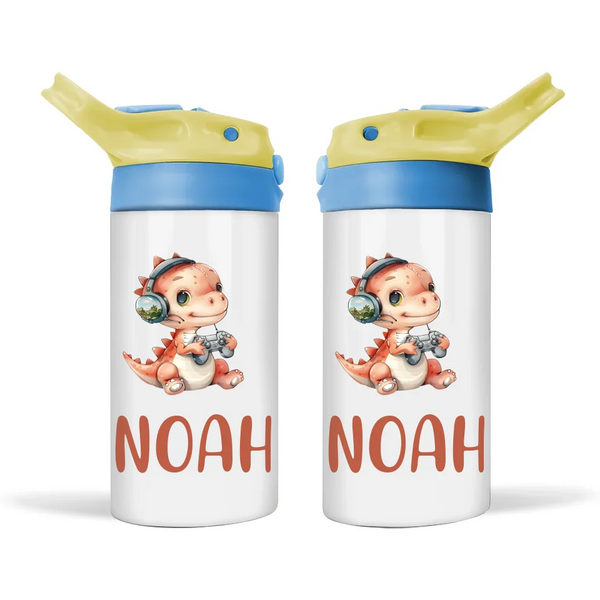Personalised Kids Sippy Bottle - Cute Gamer Dinosaur Design with Custom Name