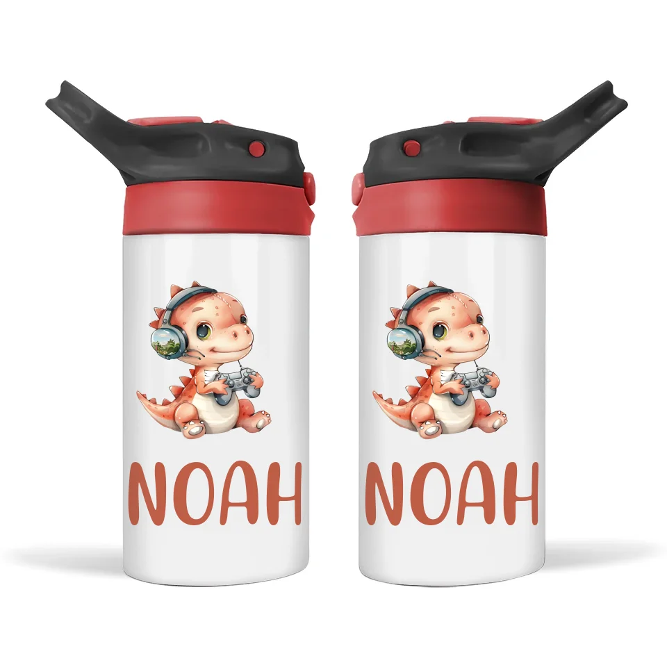 Personalised Kids Sippy Bottle - Cute Gamer Dinosaur Design with Custom Name