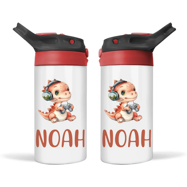 Personalised Kids Sippy Bottle - Cute Gamer Dinosaur Design with Custom Name
