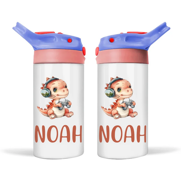 Personalised Kids Sippy Bottle - Cute Gamer Dinosaur Design with Custom Name