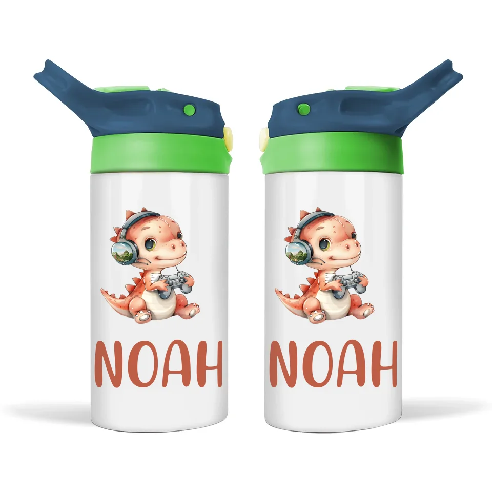 Personalised Kids Sippy Bottle - Cute Gamer Dinosaur Design with Custom Name