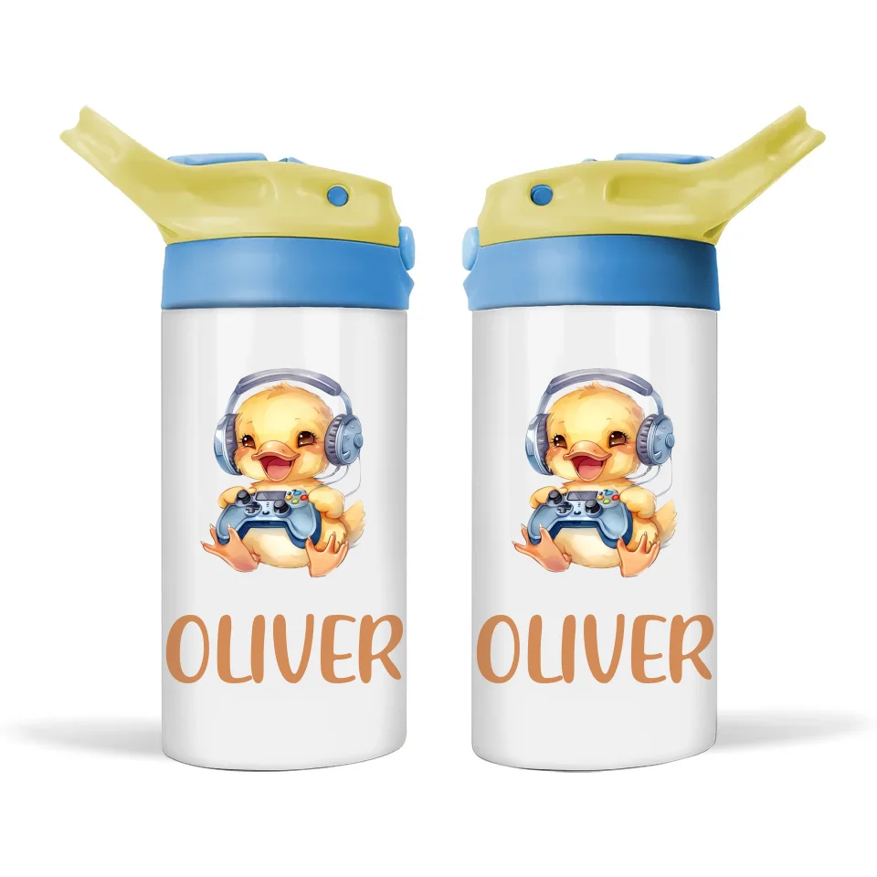 Personalised Kids Sippy Bottle - Cute Gamer Duck Design with Custom Name