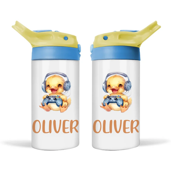 Personalised Kids Sippy Bottle - Cute Gamer Duck Design with Custom Name