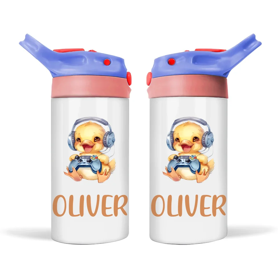Personalised Kids Sippy Bottle - Cute Gamer Duck Design with Custom Name