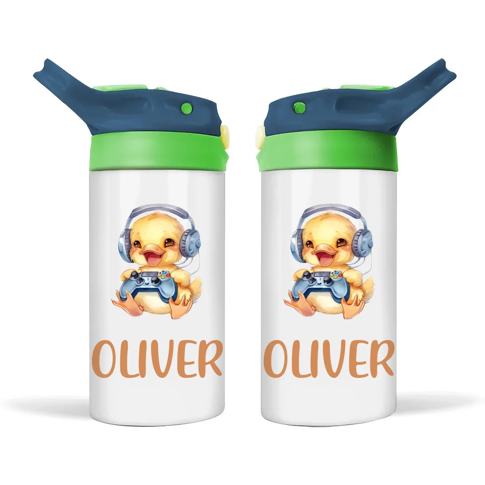 Personalised Kids Sippy Bottle - Cute Gamer Duck Design with Custom Name