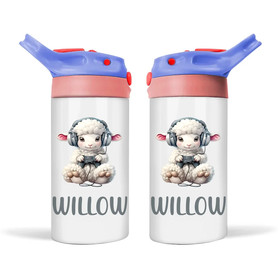 Personalised Kids Sippy Bottle - Cute Gamer Sheep Design with Custom Name