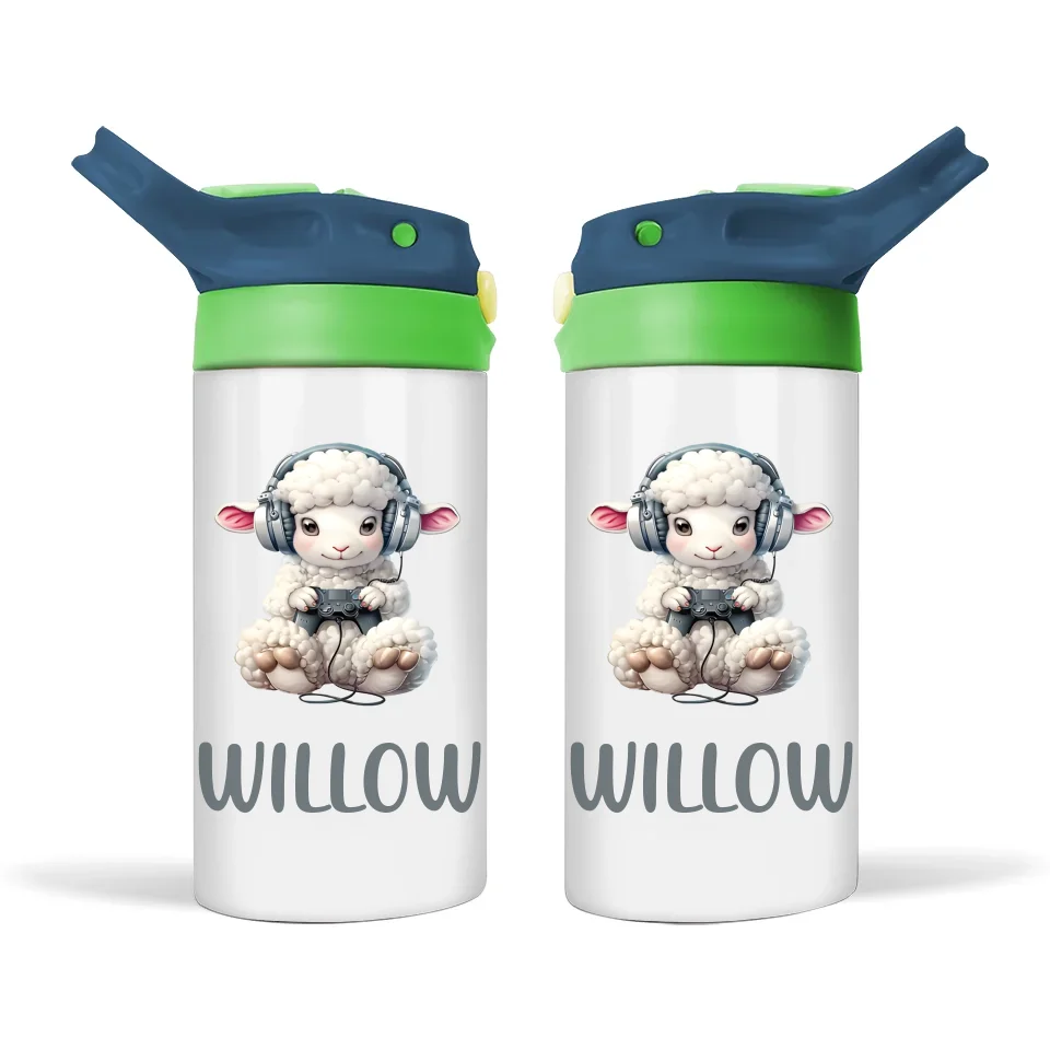 Personalised Kids Sippy Bottle - Cute Gamer Sheep Design with Custom Name