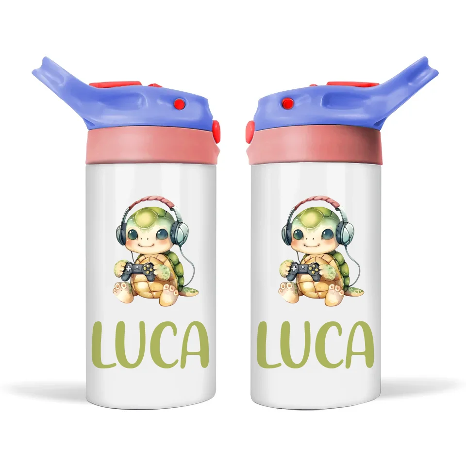Personalised Kids Sippy Bottle - Cute Gamer Turtle Design with Custom Name