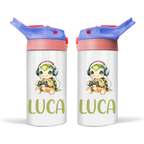 Personalised Kids Sippy Bottle - Cute Gamer Turtle Design with Custom Name