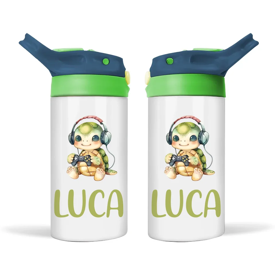 Personalised Kids Sippy Bottle - Cute Gamer Turtle Design with Custom Name
