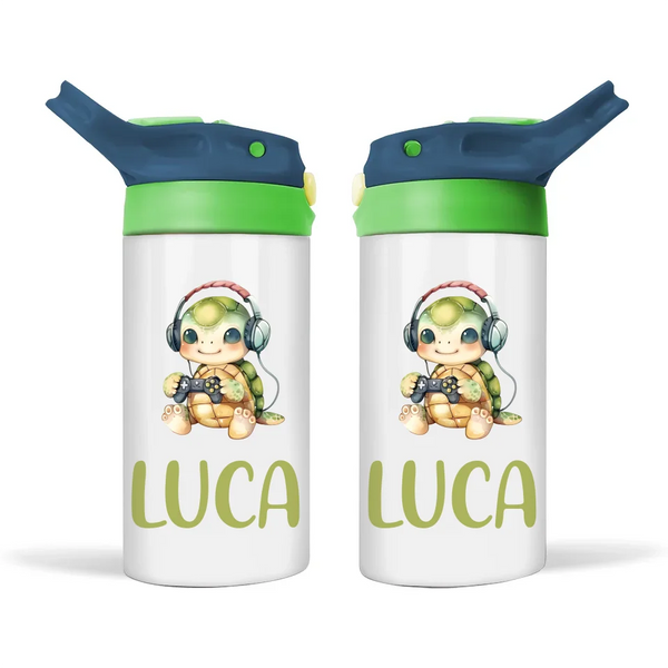 Personalised Kids Sippy Bottle - Cute Gamer Turtle Design with Custom Name