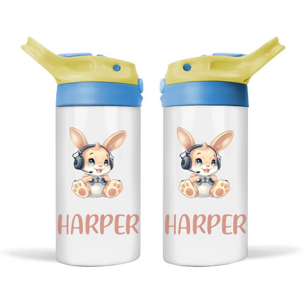 Personalised Kids Sippy Bottle - Cute Gamer Bunny Design with Custom Name