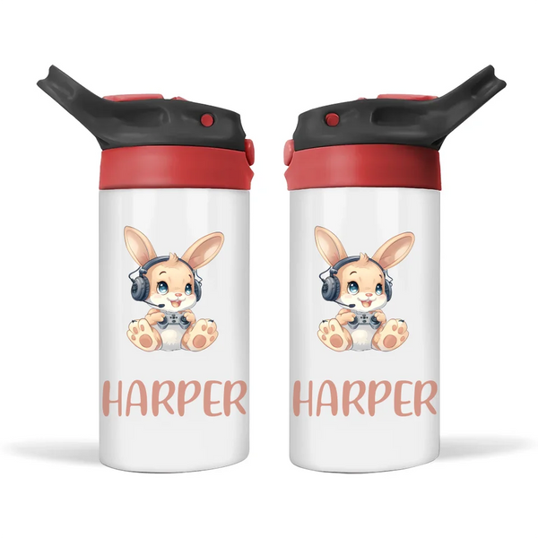 Personalised Kids Sippy Bottle - Cute Gamer Bunny Design with Custom Name