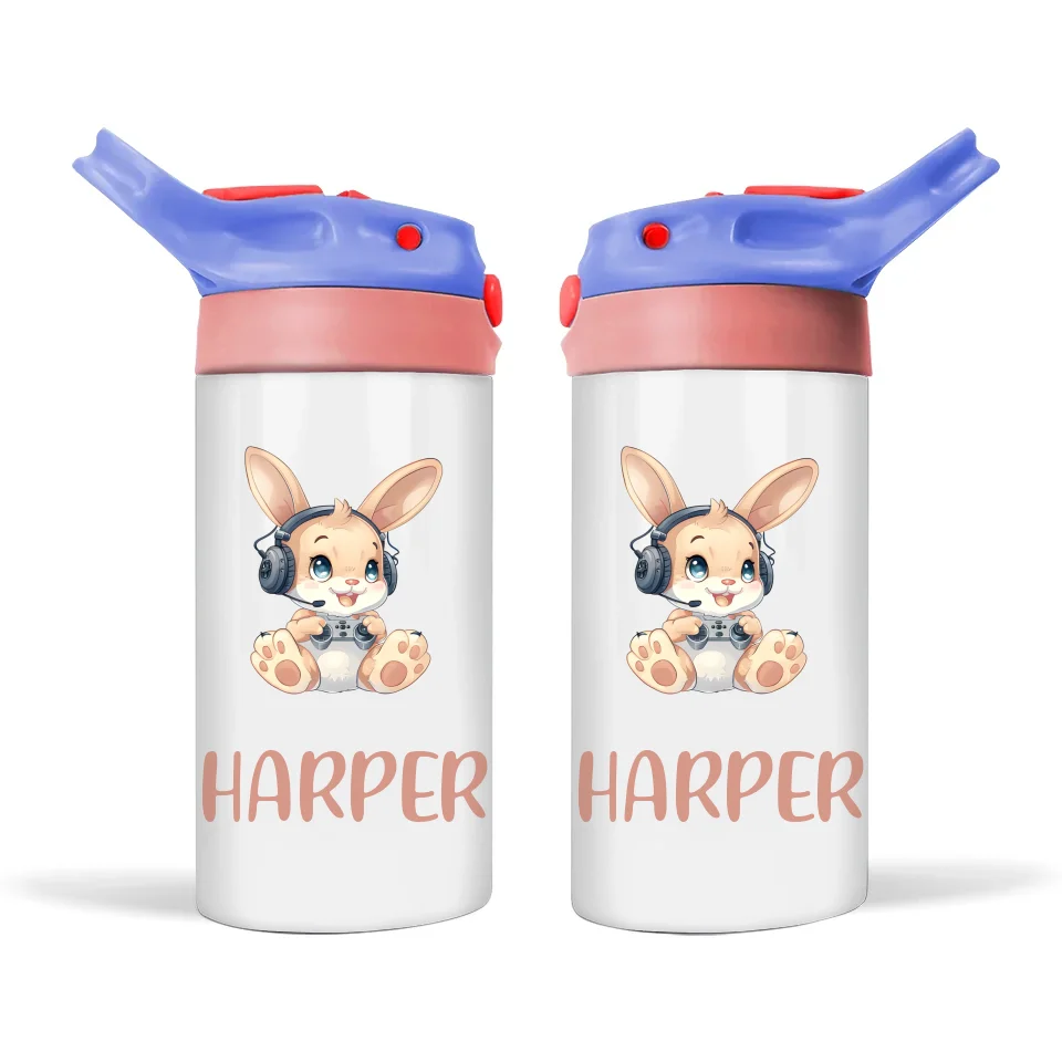 Personalised Kids Sippy Bottle - Cute Gamer Bunny Design with Custom Name