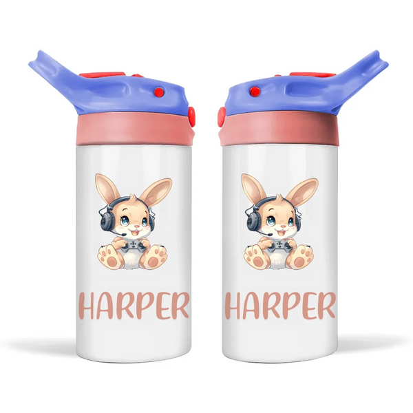 Personalised Kids Sippy Bottle - Cute Gamer Bunny Design with Custom Name