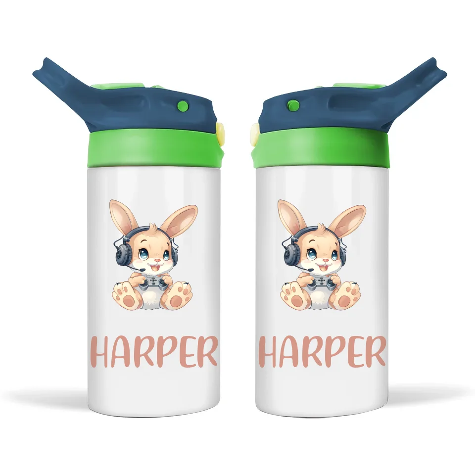 Personalised Kids Sippy Bottle - Cute Gamer Bunny Design with Custom Name