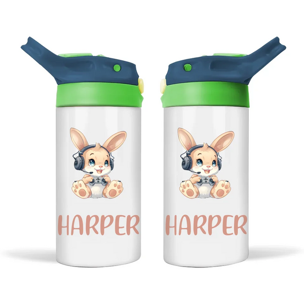 Personalised Kids Sippy Bottle - Cute Gamer Bunny Design with Custom Name
