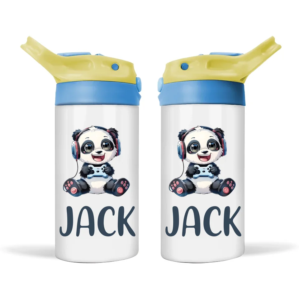 Personalised Kids Sippy Bottle - Cute Gamer Panda Design with Custom Name