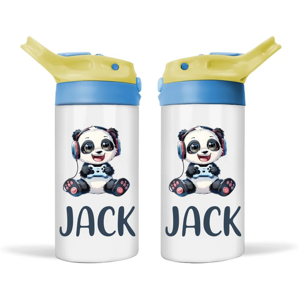 Personalised Kids Sippy Bottle - Cute Gamer Panda Design with Custom Name