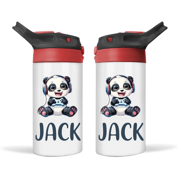 Personalised Kids Sippy Bottle - Cute Gamer Panda Design with Custom Name