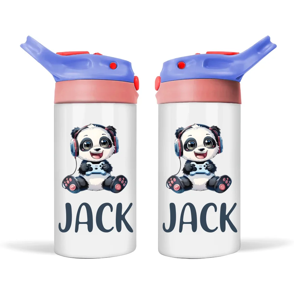 Personalised Kids Sippy Bottle - Cute Gamer Panda Design with Custom Name