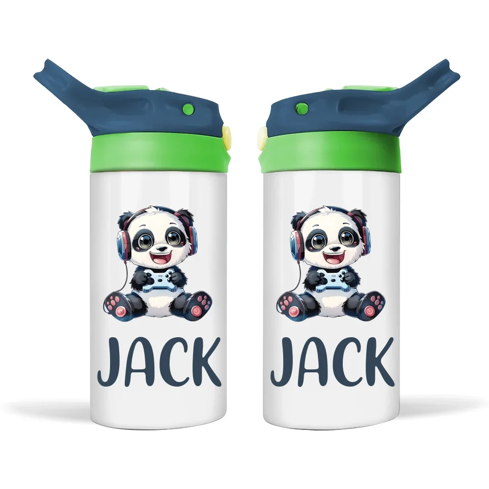 Personalised Kids Sippy Bottle - Cute Gamer Panda Design with Custom Name