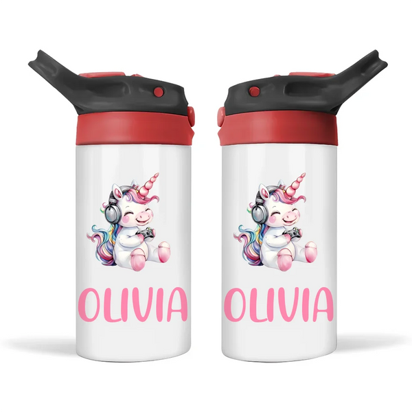 Personalised Kids Sippy Bottle - Cute Gamer Unicorn Design with Custom Name