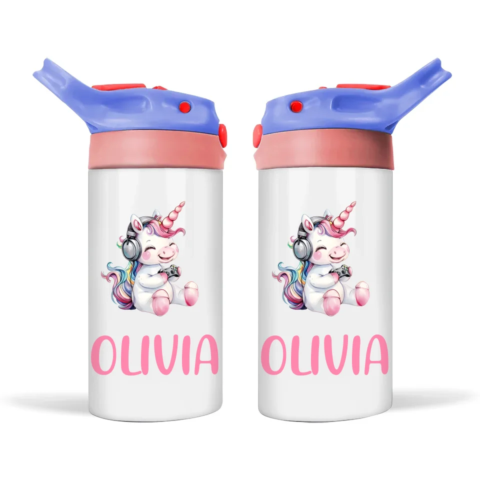 Personalised Kids Sippy Bottle - Cute Gamer Unicorn Design with Custom Name