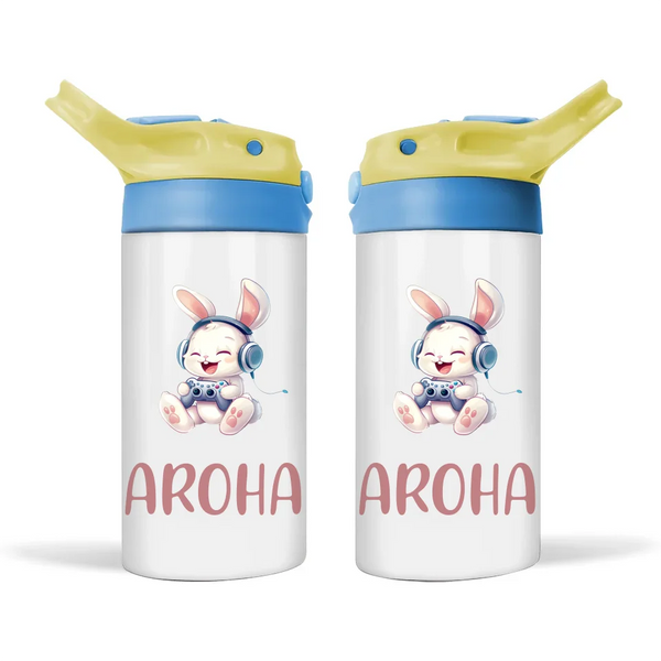 Personalised Kids Sippy Bottle - Cute Gamer Bunny Design with Custom Name