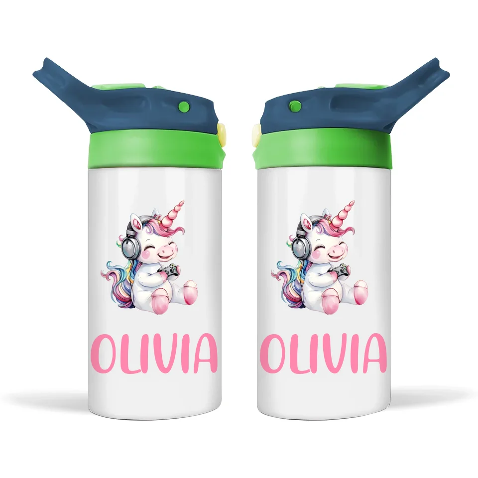 Personalised Kids Sippy Bottle - Cute Gamer Unicorn Design with Custom Name