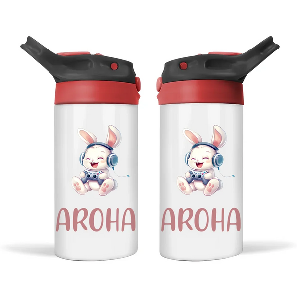 Personalised Kids Sippy Bottle - Cute Gamer Bunny Design with Custom Name
