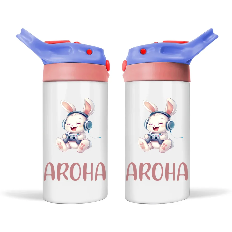 Personalised Kids Sippy Bottle - Cute Gamer Bunny Design with Custom Name