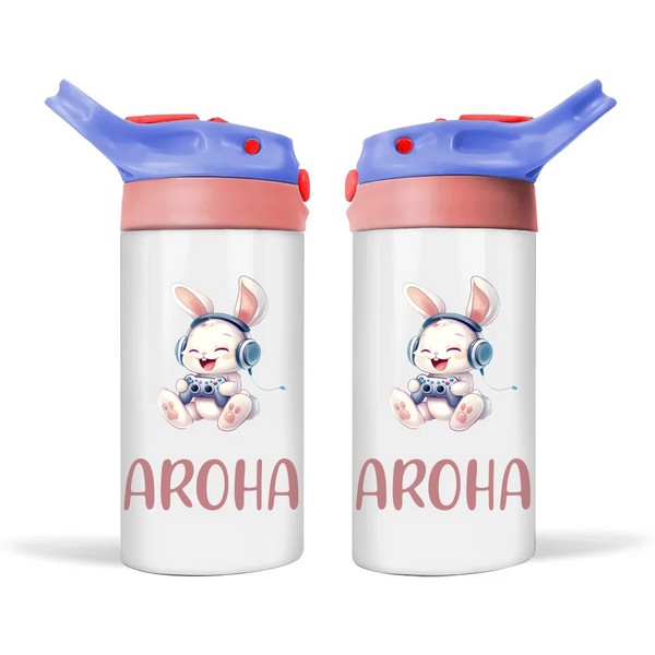 Personalised Kids Sippy Bottle - Cute Gamer Bunny Design with Custom Name