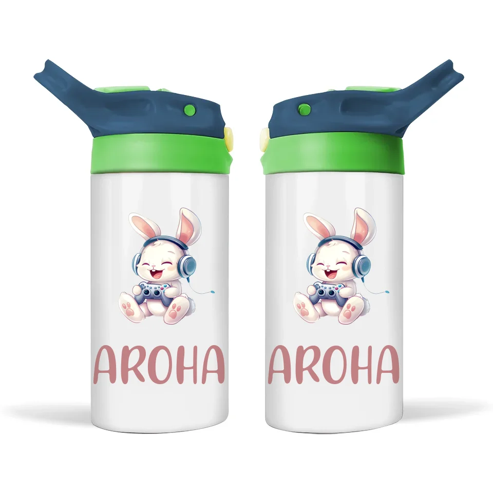 Personalised Kids Sippy Bottle - Cute Gamer Bunny Design with Custom Name