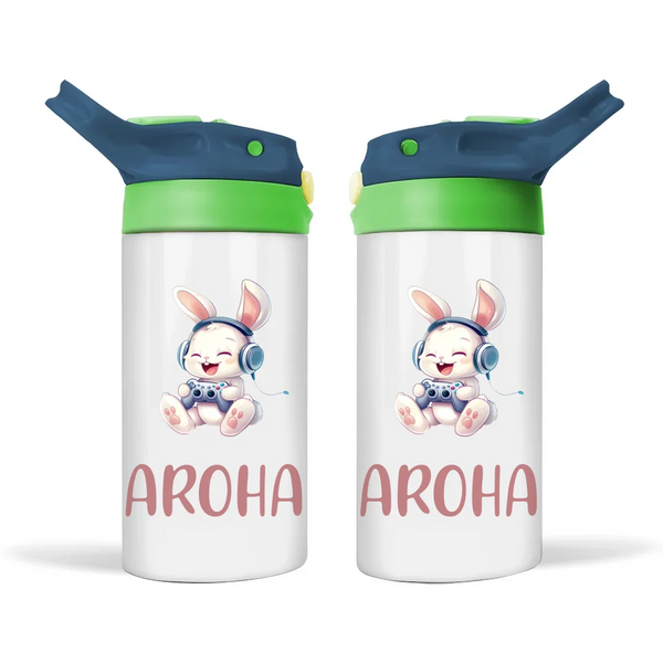 Personalised Kids Sippy Bottle - Cute Gamer Bunny Design with Custom Name