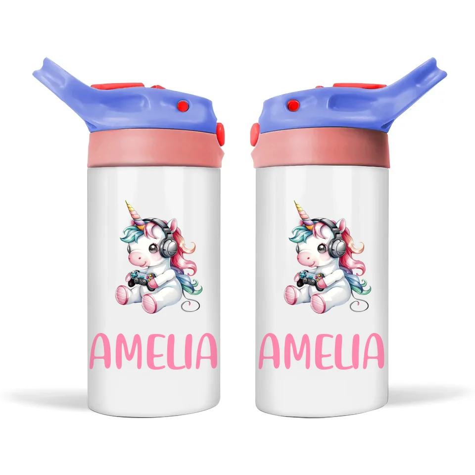 Personalised Kids Sippy Bottle - Cute Gamer Unicorn Design with Custom Name