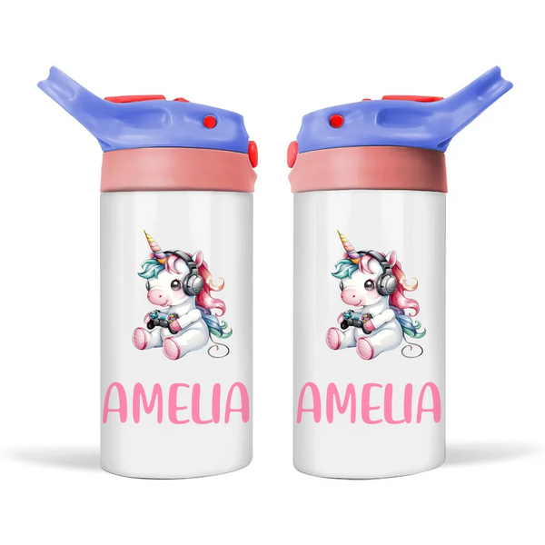 Personalised Kids Sippy Bottle - Cute Gamer Unicorn Design with Custom Name