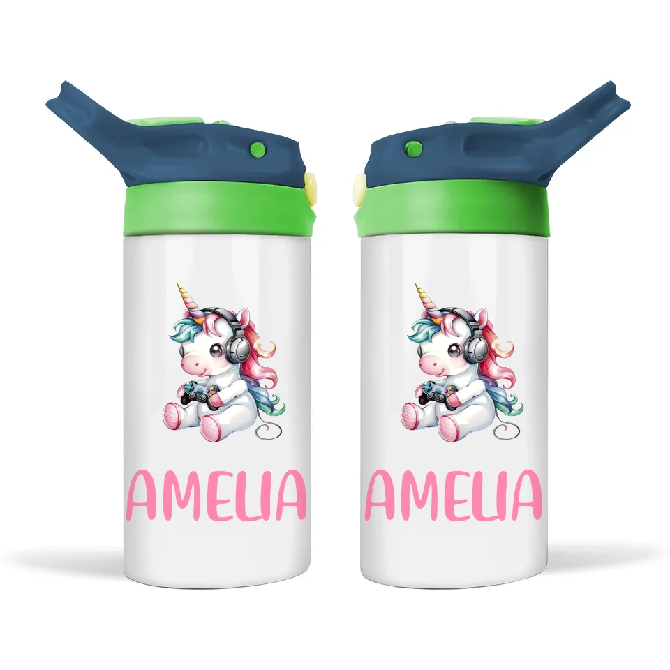 Personalised Kids Sippy Bottle - Cute Gamer Unicorn Design with Custom Name