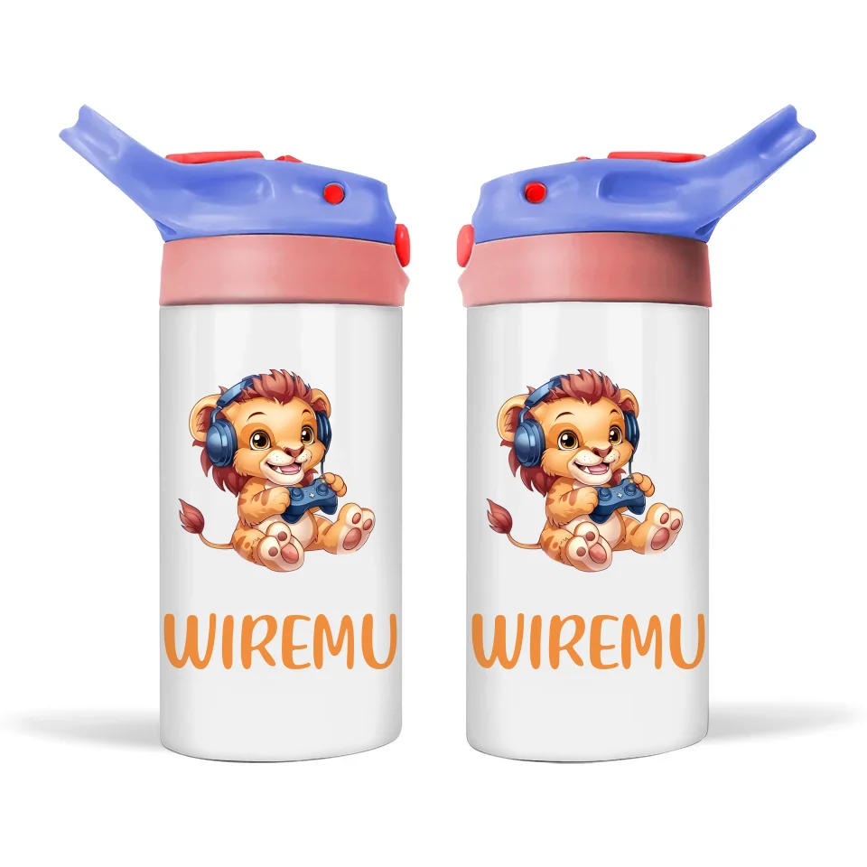 Personalised Kids Sippy Bottle - Cool Gamer Lion Design with Custom Name