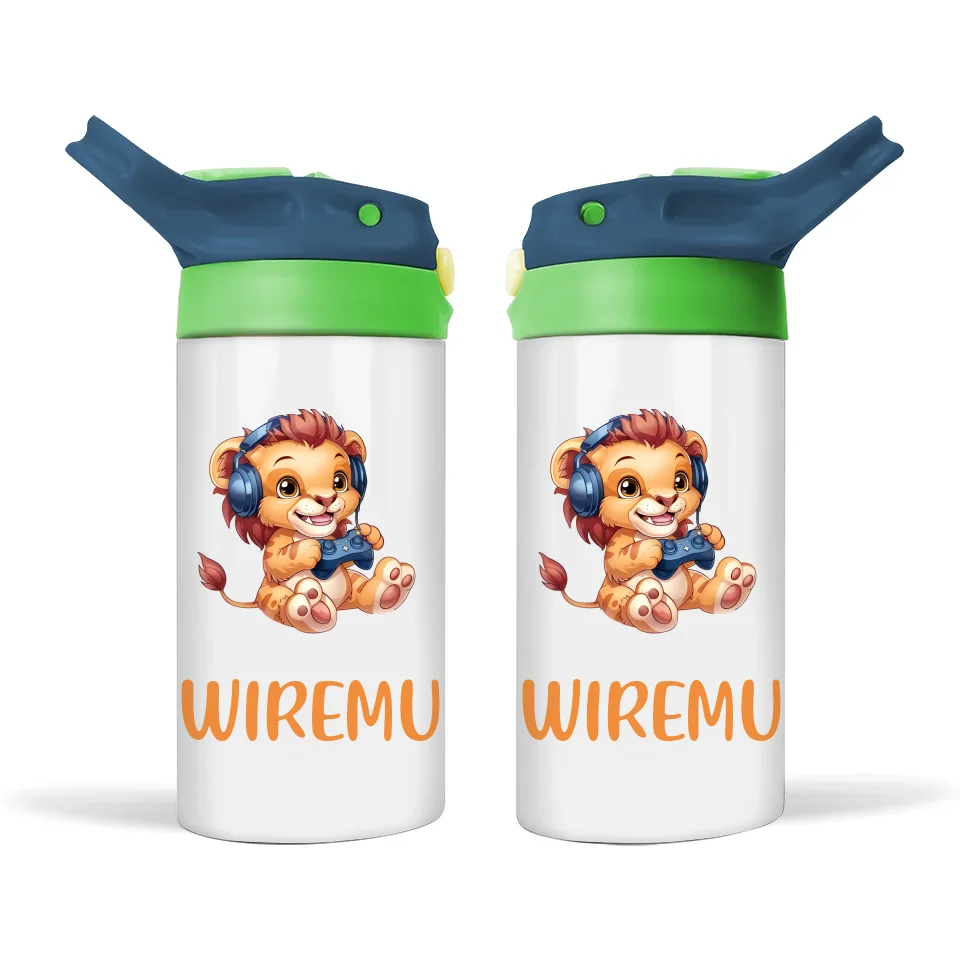 Personalised Kids Sippy Bottle - Cool Gamer Lion Design with Custom Name