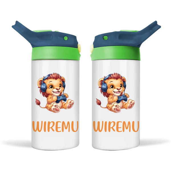 Personalised Kids Sippy Bottle - Cool Gamer Lion Design with Custom Name